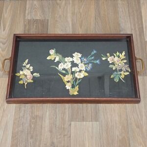 Vintage Helen Walker Embroidered Floral Wood Glass Tray Circa 1920 Antique Decor